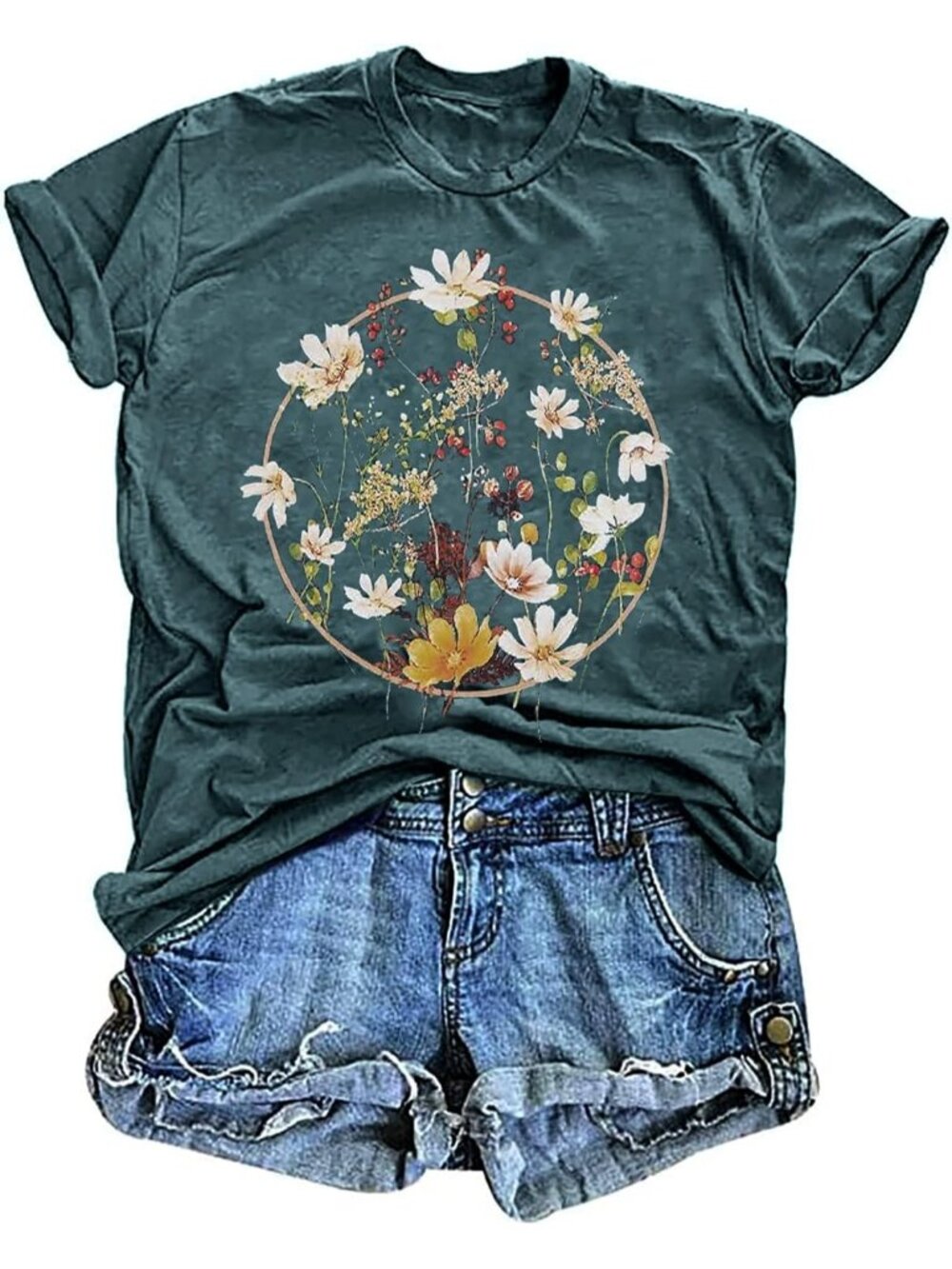 Women's Green Short Sleeve Imported Wildflower Floral Casual Tops T Shirt